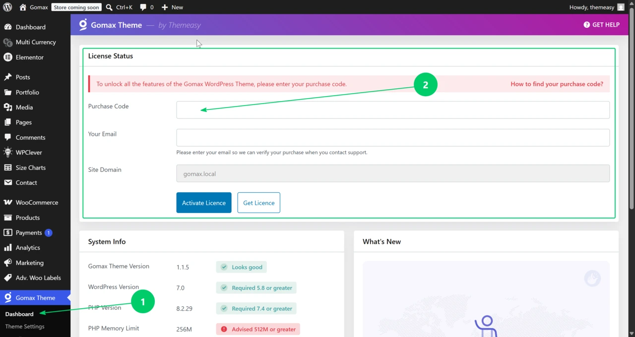 Gomax » Dashboard screen showing the Purchase Code field and the Activate License button before a code has been entered.