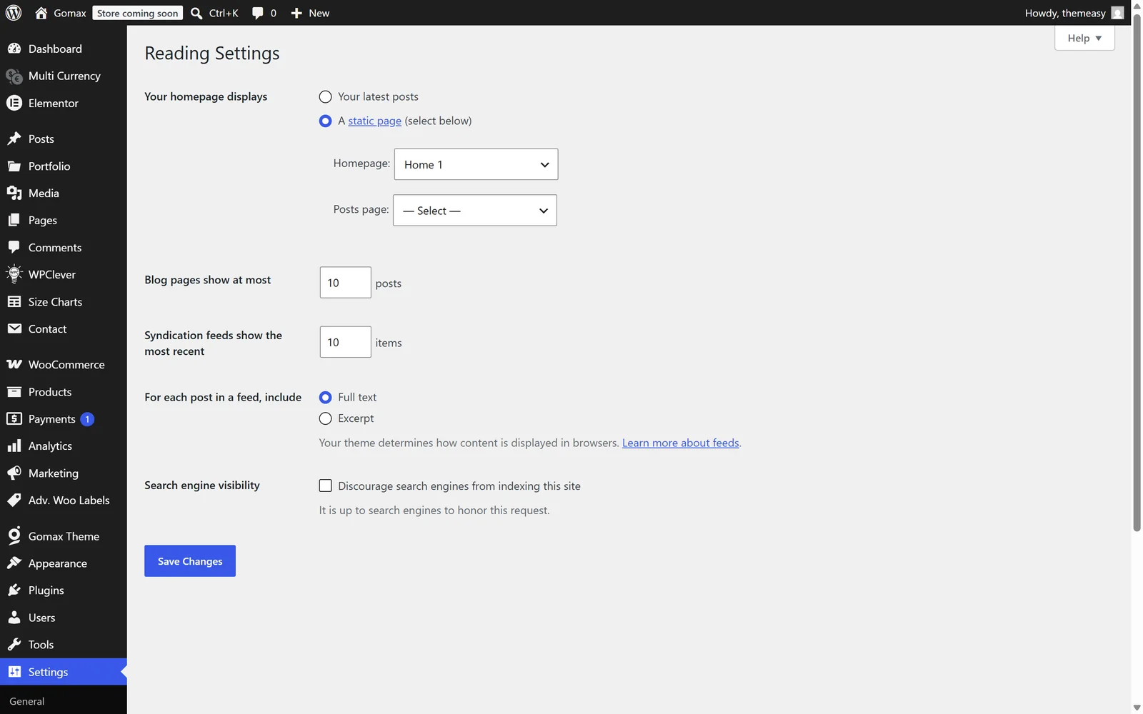 The WordPress Settings » Reading screen with 'Your homepage displays' set to 'A static page', showing the Homepage and Posts page dropdowns.