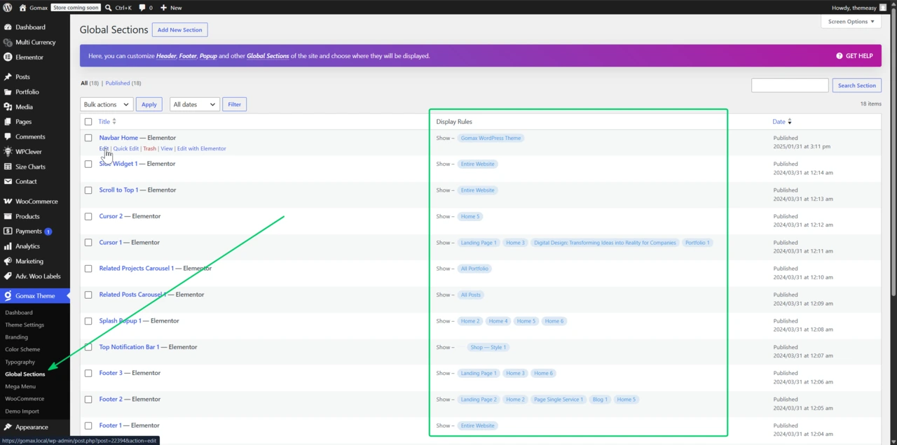 WordPress admin Gomax » Global Sections list, showing a registered section's row with the Edit and Edit with Elementor action links, plus the Add New button.