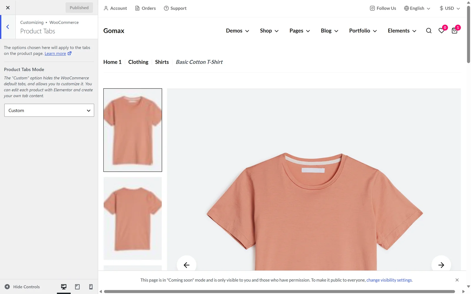 Gomax » WooCommerce » Product Tabs admin screen showing the Product Tabs Mode option set to Custom.
