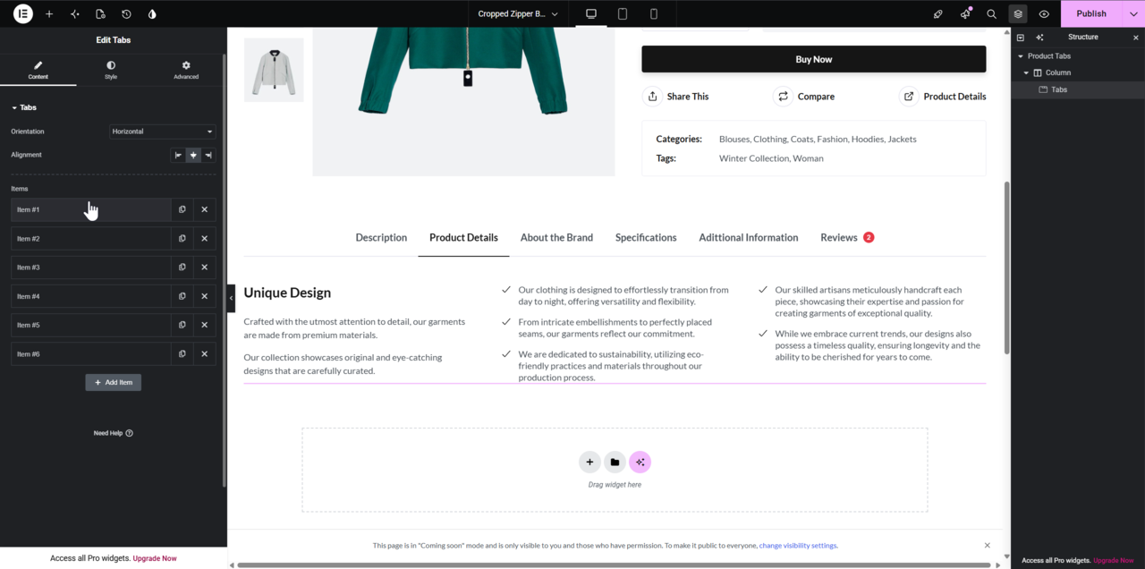Elementor editor with the Gomax Core Tabs widget added to a product page, showing its tab settings panel.