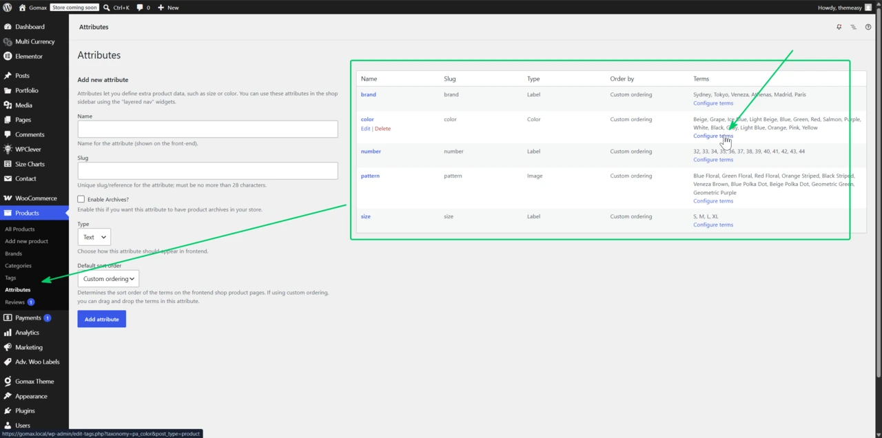 WooCommerce Products » Attributes screen showing the attribute list with the Configure Terms link visible on hover, and the Add/Edit Term form with Color or Image fields.