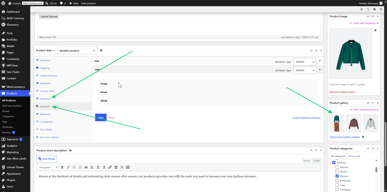 Product Data panel on a WooCommerce product edit screen with the Swatches tab open, showing the Attribute Type field set to Default vs. a custom attribute override.
