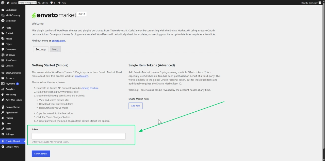 WordPress admin Envato Market plugin settings page, showing the 'Enter your Envato API Personal Token' field and Save Changes button.