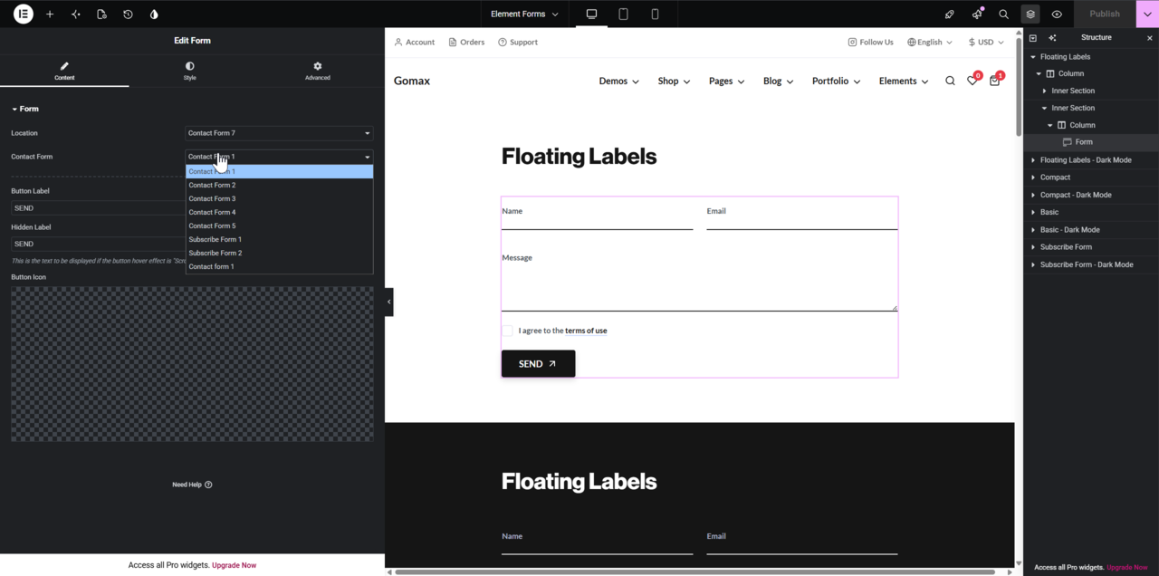 Elementor editor with the Form (Gomax Core) widget selected, showing the Contact Form dropdown in the left panel with a Contact Form 7 form selected.