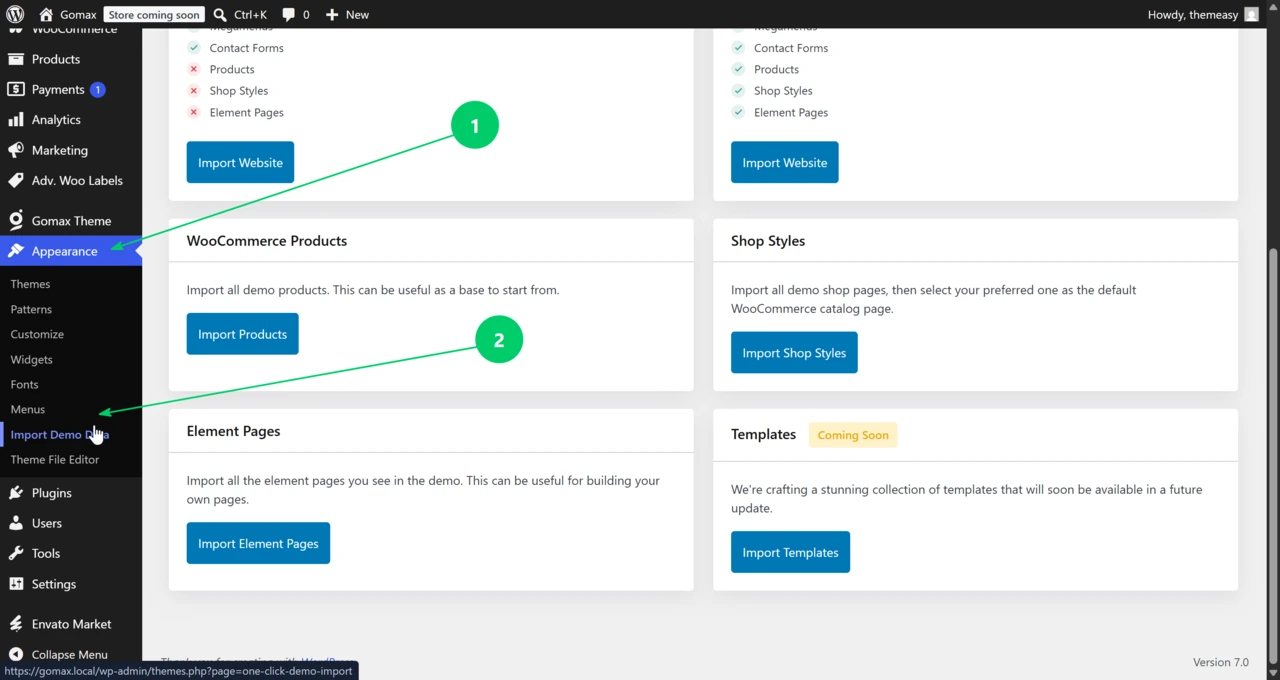 WordPress admin sidebar expanded to show the Gomax menu with the Demo Import submenu item highlighted.