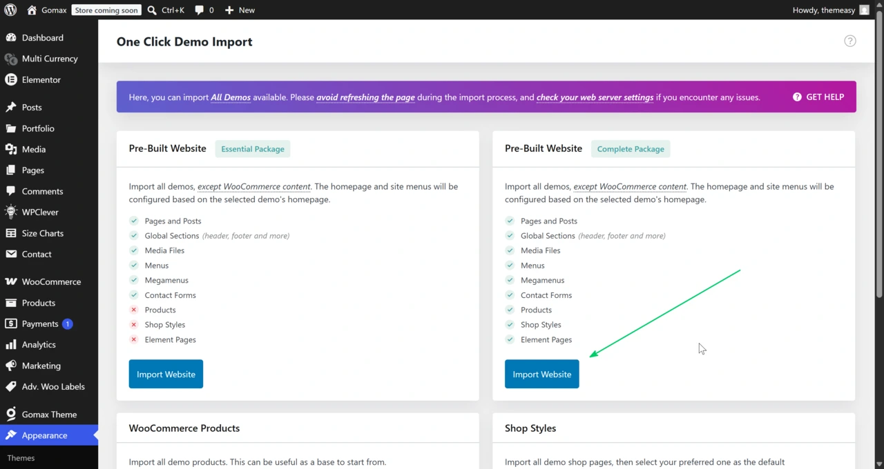 Demo Import screen showing the available import method options (Pre-Built Websites, All Content, Pages and Posts, Global Sections, Element Pages, WooCommerce Products).