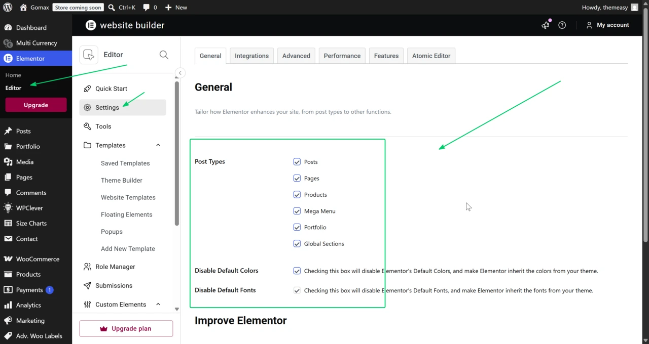 Elementor » Settings page in the WordPress admin, showing the Post Types section with Posts, Pages, Megamenu, Portfolio, and Global Sections checked, and the Disable Default Colors and Disable Default Fonts options checked.
