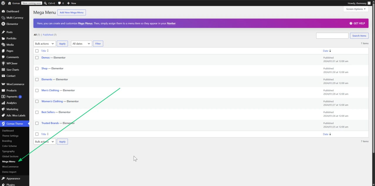 WordPress admin Your Theme » Mega Menu list screen, showing the Add New button and the list of registered Mega Menu items with their Edit and Edit with Elementor actions.
