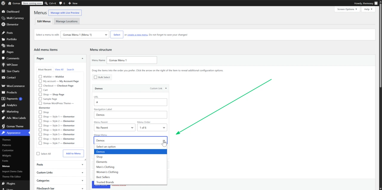 Appearance » Menus screen with a menu item expanded in Menu structure, showing the Mega Menus dropdown and the CSS Classes field with has-megamenu entered.