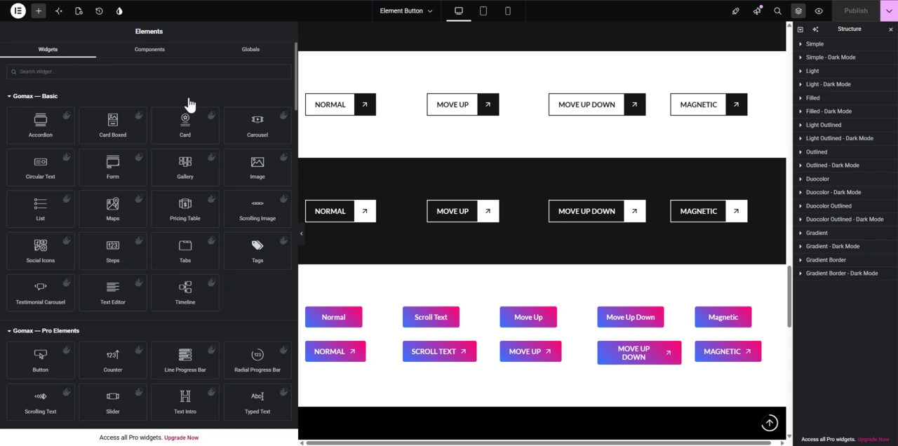 The Elementor editor with the right-hand widget panel open, showing the Gomax Core widget categories (Main Blocks, Global Sections, Post & Portfolio, WooCommerce).