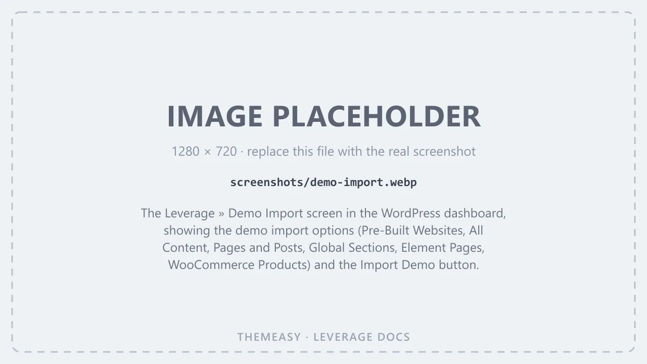 The Leverage » Demo Import screen in the WordPress dashboard, showing the demo import options (Pre-Built Websites, All Content, Pages and Posts, Global Sections, Element Pages, WooCommerce Products) and the Import Demo button.