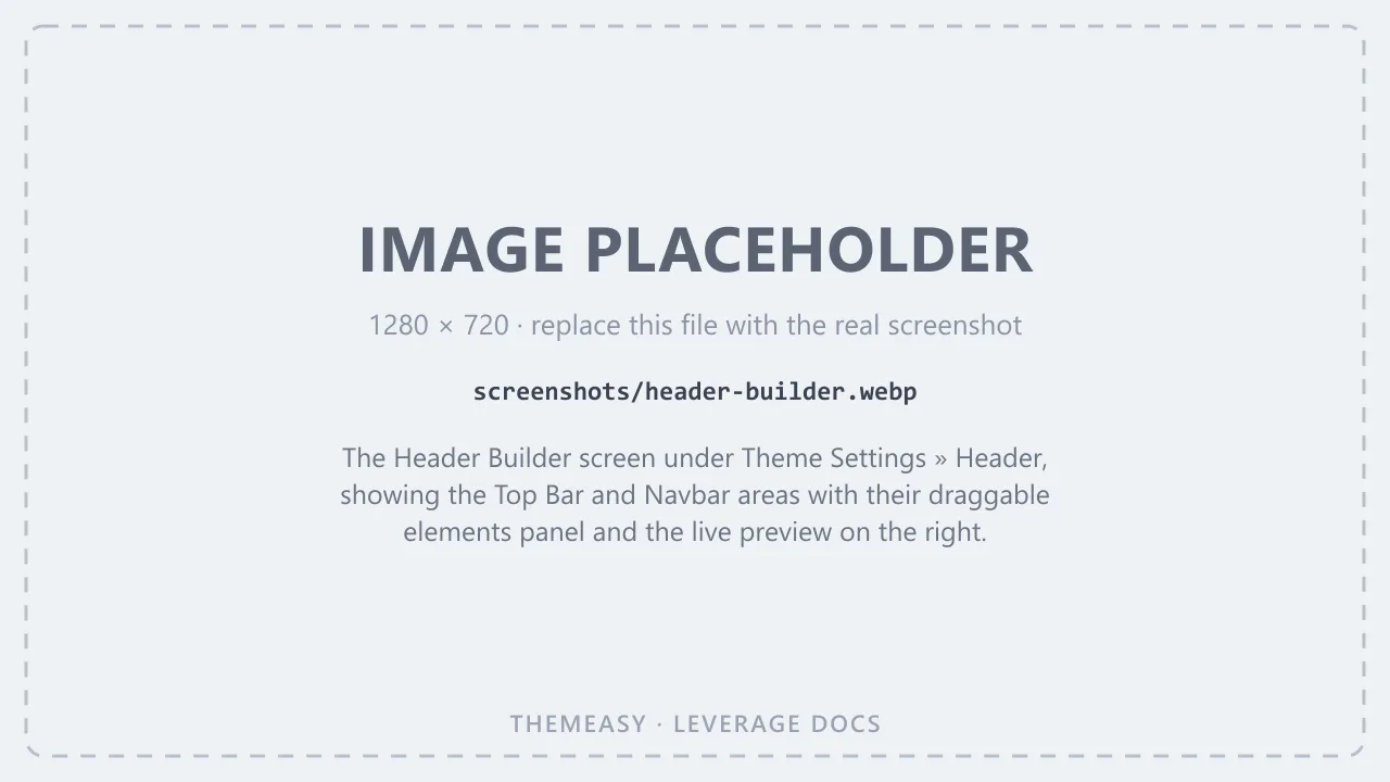 The Header Builder screen under Theme Settings » Header, showing the Top Bar and Navbar areas with their draggable elements panel and the live preview on the right.