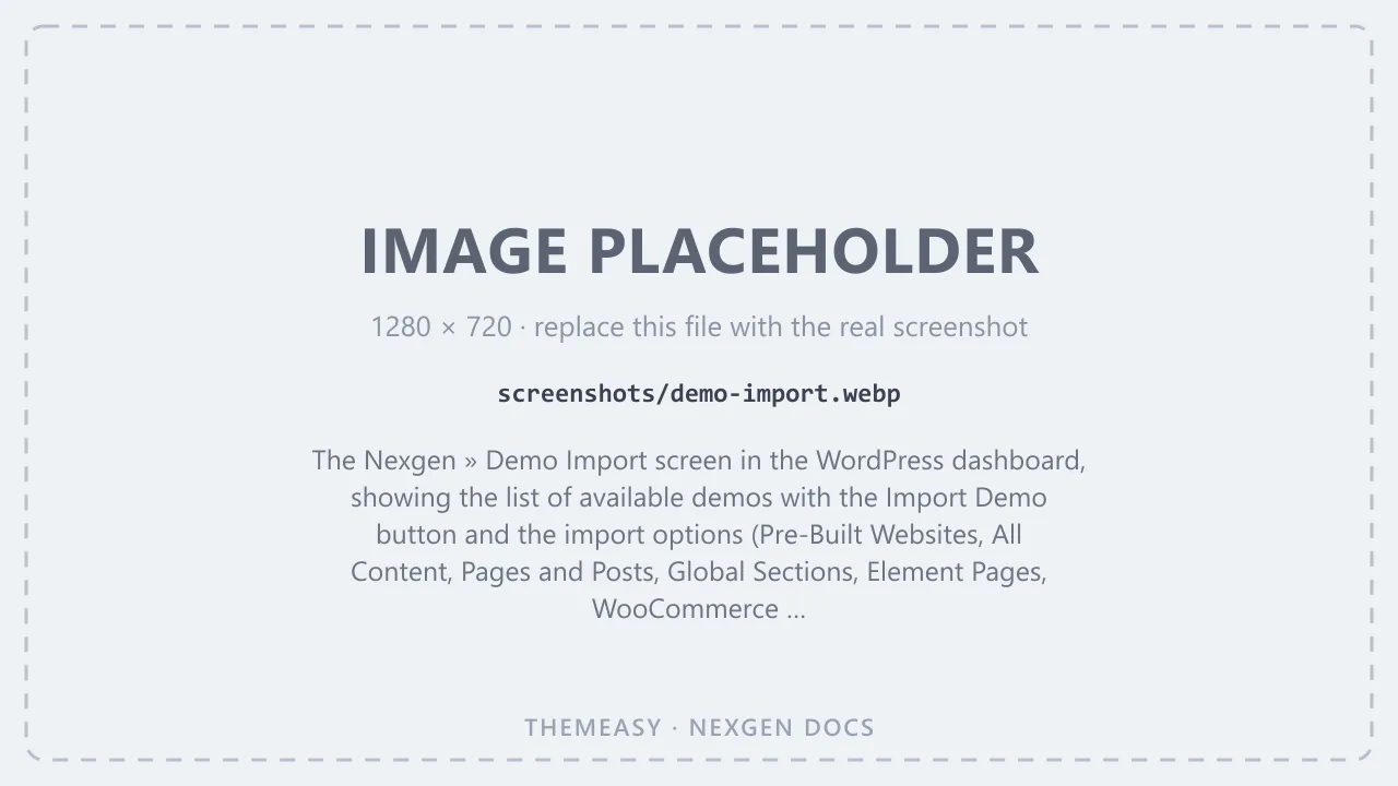 The Nexgen » Demo Import screen in the WordPress dashboard, showing the list of available demos with the Import Demo button and the import options (Pre-Built Websites, All Content, Pages and Posts, Global Sections, Element Pages, WooCommerce Products).