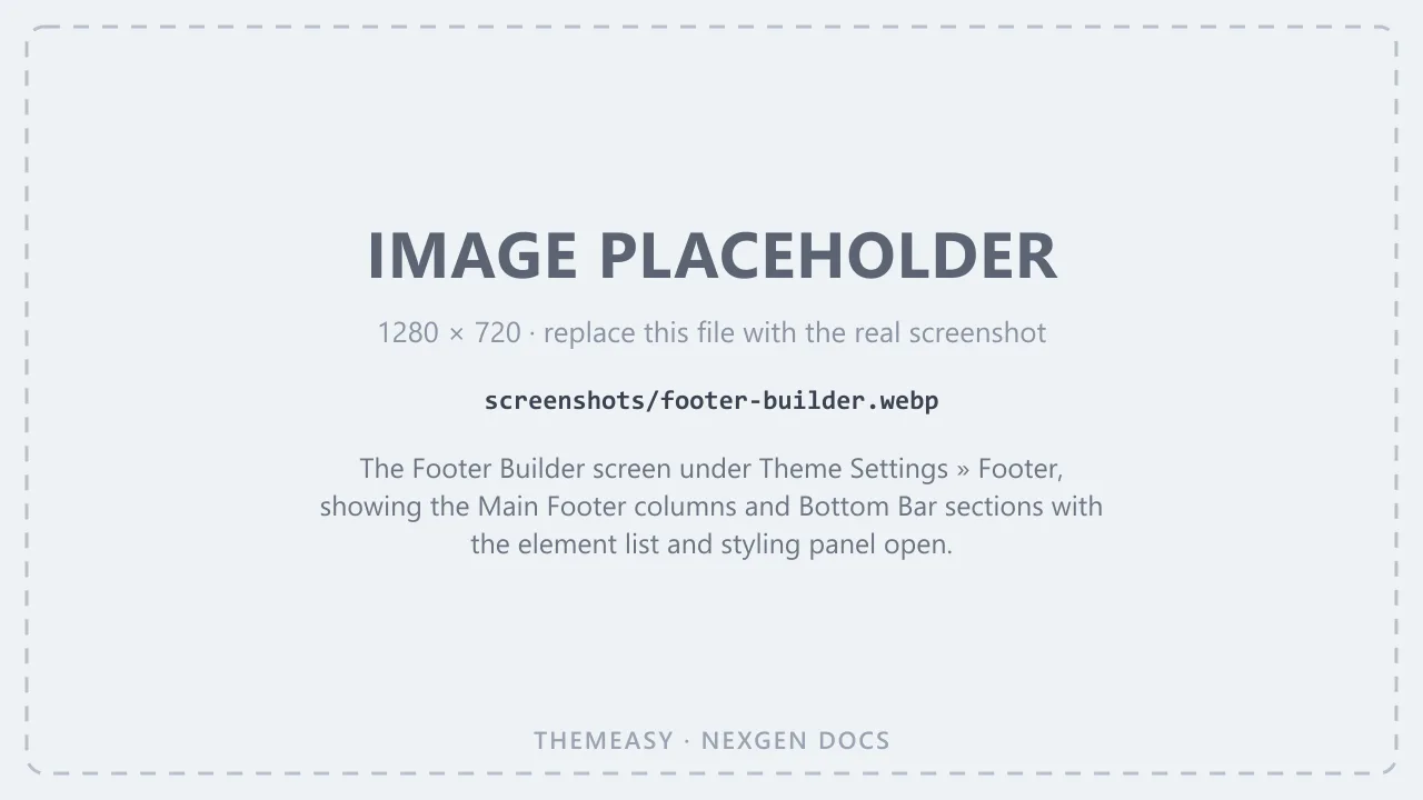 The Footer Builder screen under Theme Settings » Footer, showing the Main Footer columns and Bottom Bar sections with the element list and styling panel open.