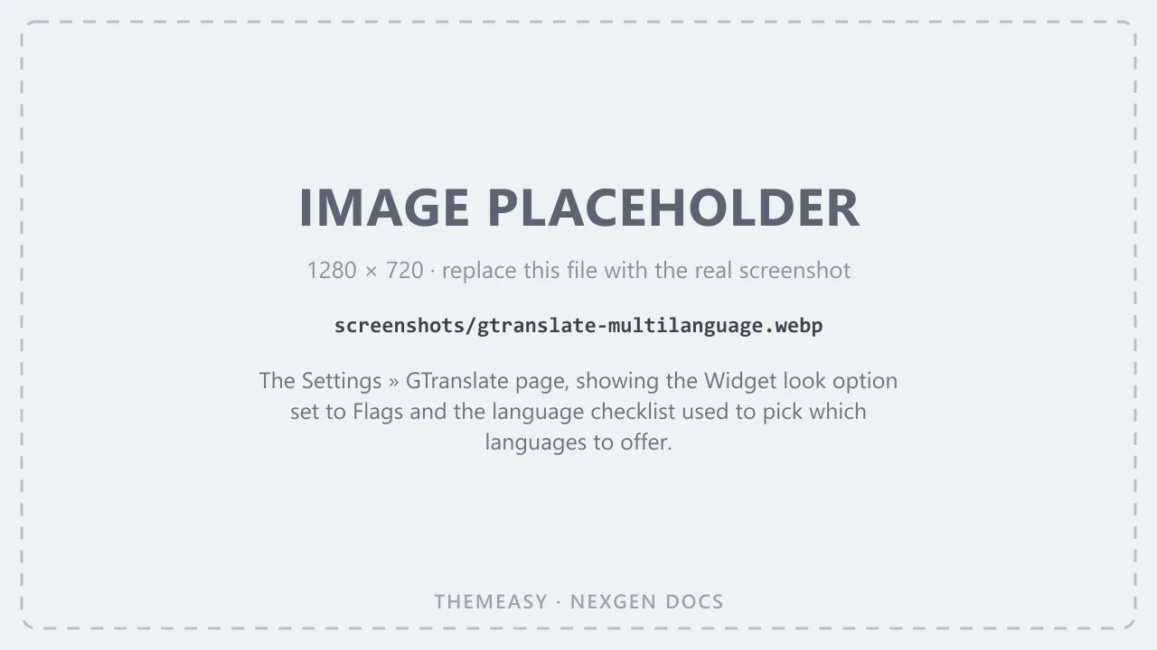 The Settings » GTranslate page, showing the Widget look option set to Flags and the language checklist used to pick which languages to offer.