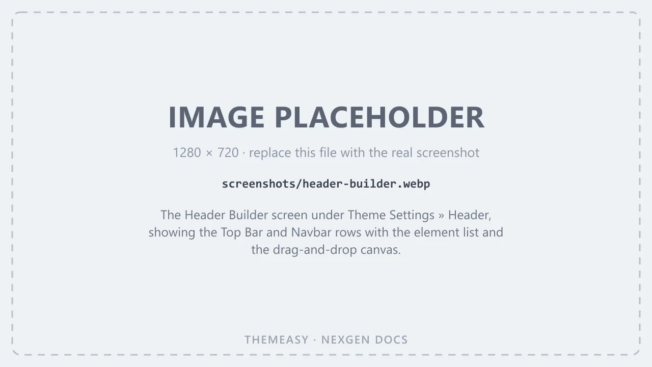 The Header Builder screen under Theme Settings » Header, showing the Top Bar and Navbar rows with the element list and the drag-and-drop canvas.