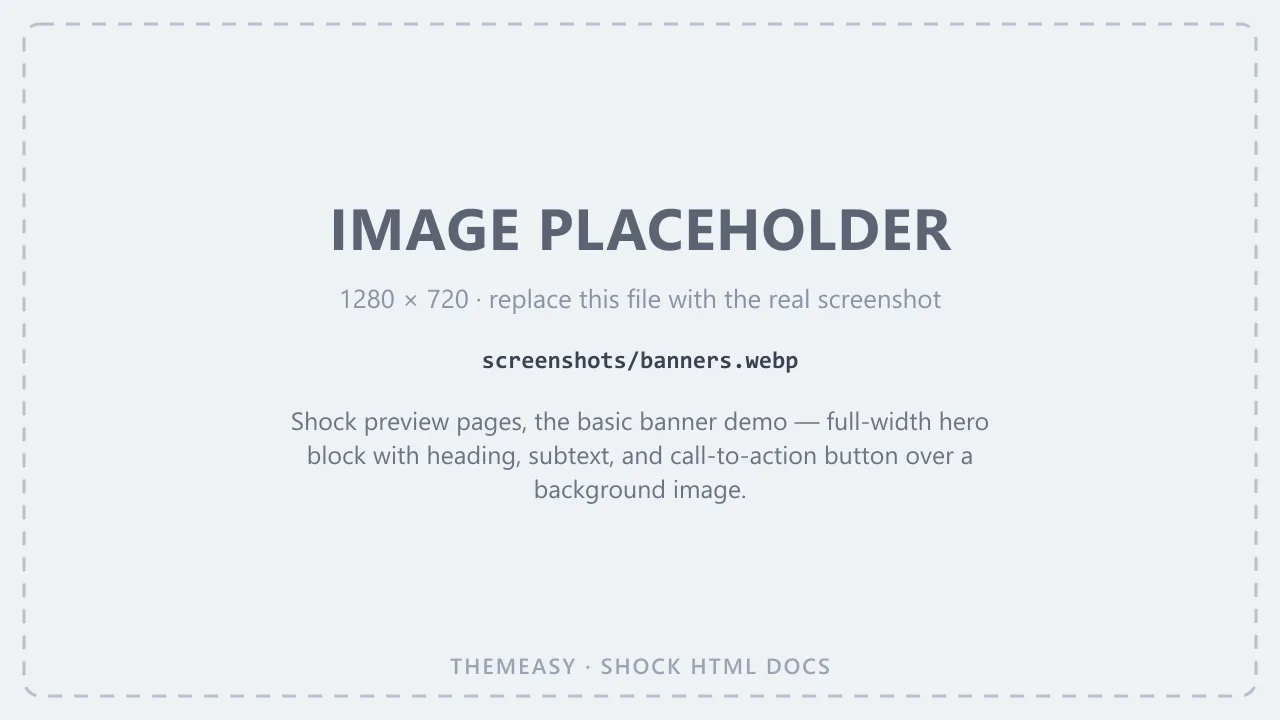 Shock preview pages, the basic banner demo — full-width hero block with heading, subtext, and call-to-action button over a background image.