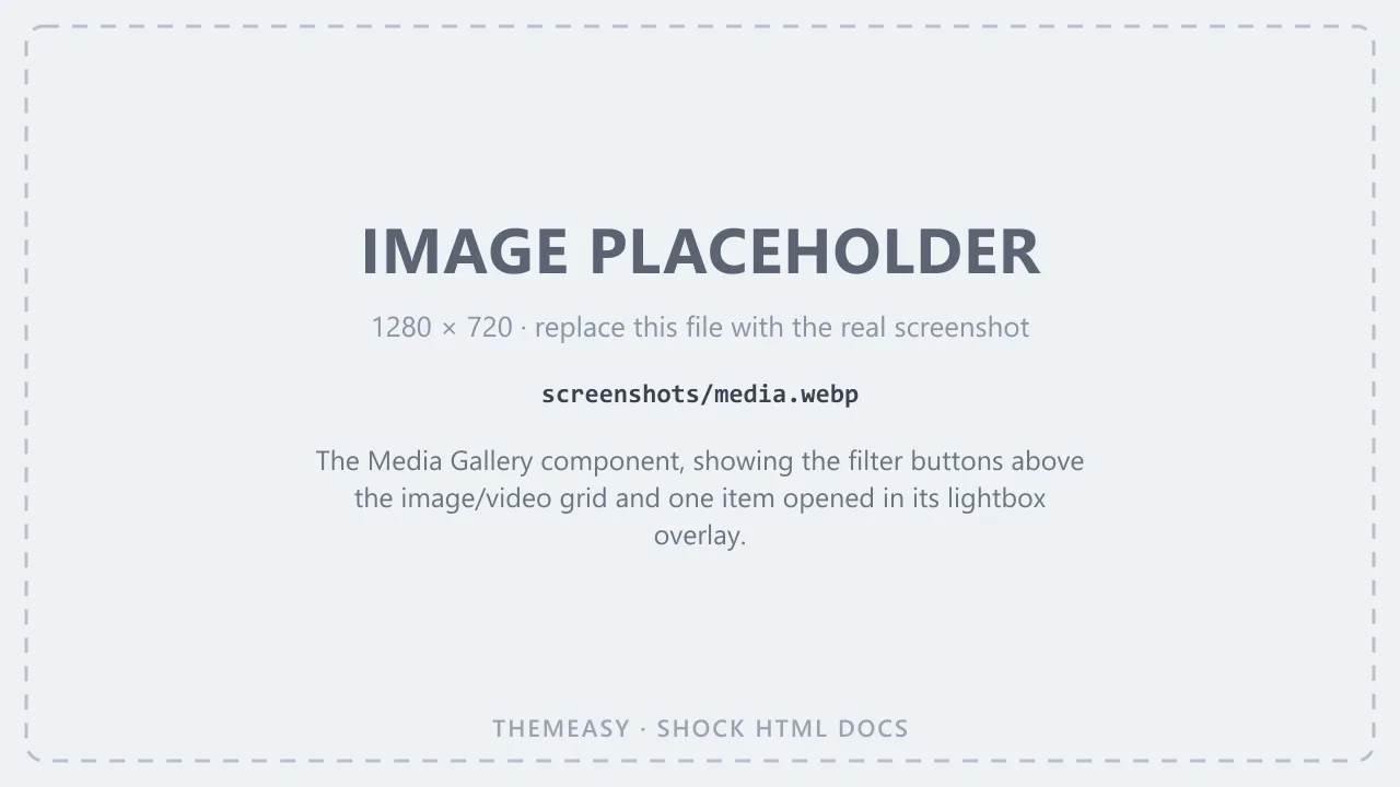 The Media Gallery component, showing the filter buttons above the image/video grid and one item opened in its lightbox overlay.