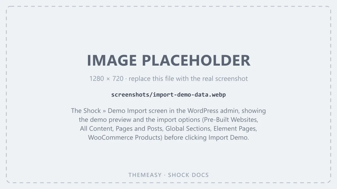 The Shock » Demo Import screen in the WordPress admin, showing the demo preview and the import options (Pre-Built Websites, All Content, Pages and Posts, Global Sections, Element Pages, WooCommerce Products) before clicking Import Demo.