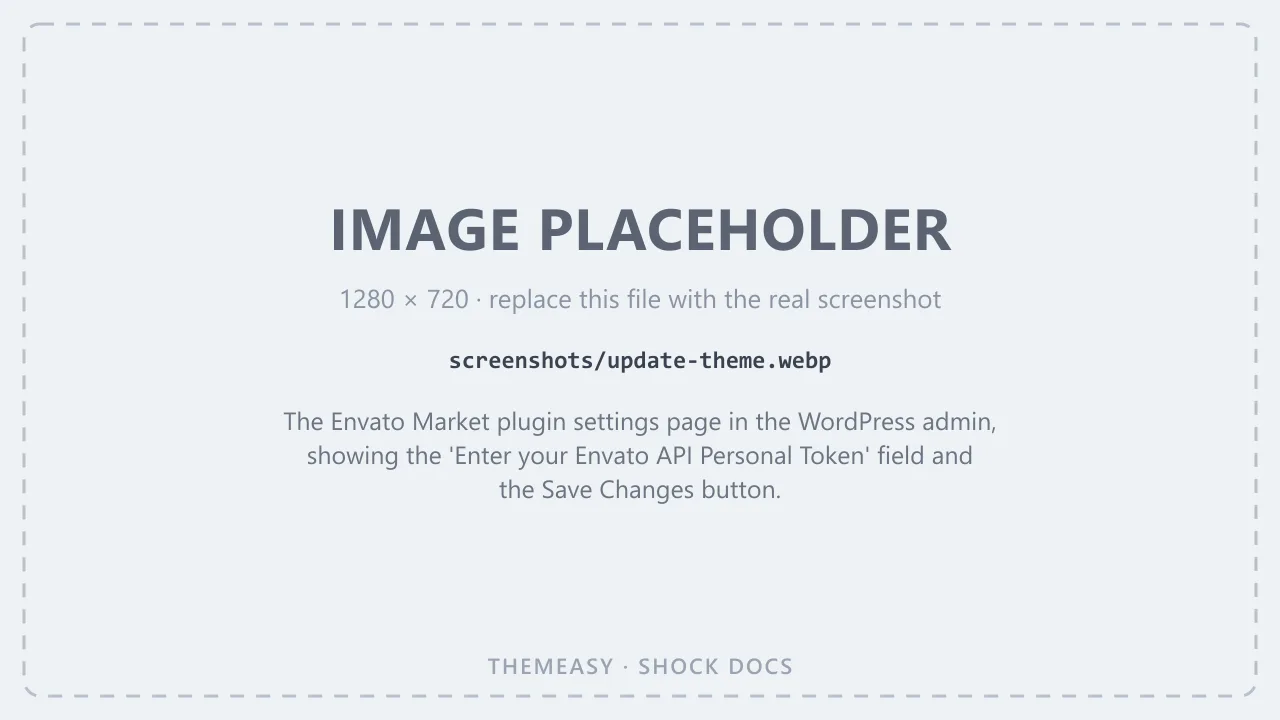 The Envato Market plugin settings page in the WordPress admin, showing the 'Enter your Envato API Personal Token' field and the Save Changes button.