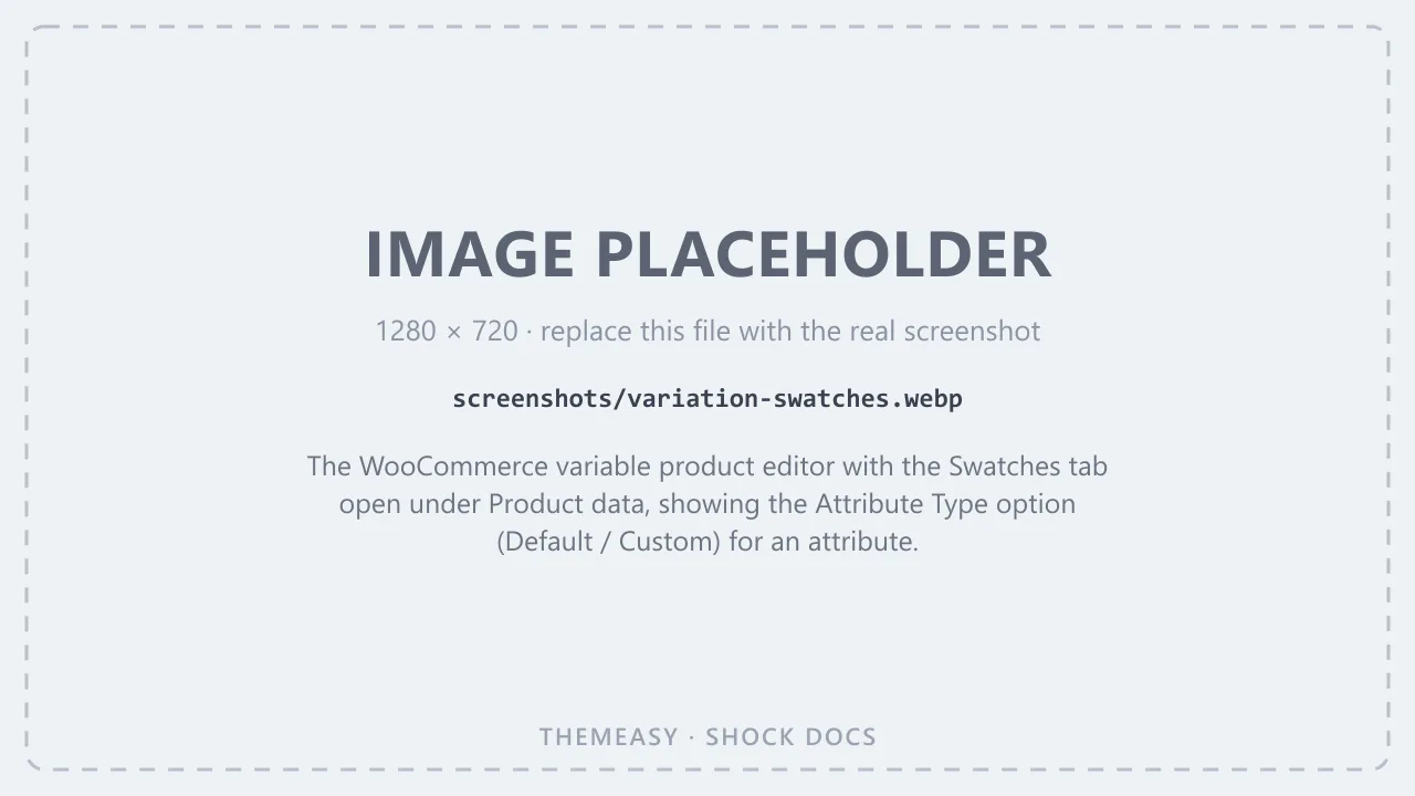 The WooCommerce variable product editor with the Swatches tab open under Product data, showing the Attribute Type option (Default / Custom) for an attribute.